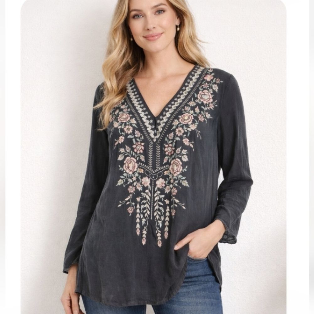 Johnny Was Gray Emboidery Tunic V Neck Cotton Festival Top S